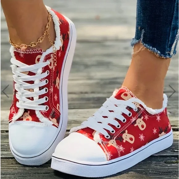 Converse Style Shoes-Red Reindeer Printed Sneakers, Red and White, Size 7 EUC - Picture 2 of 5